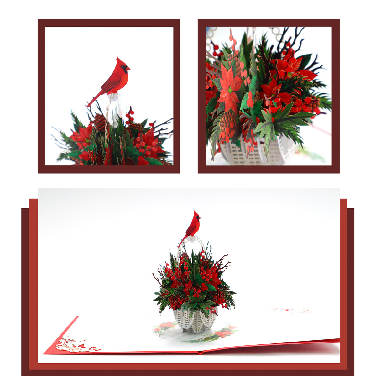Carte Meilleurs Voeux Cadre Poinsettias et Cardinal rouge